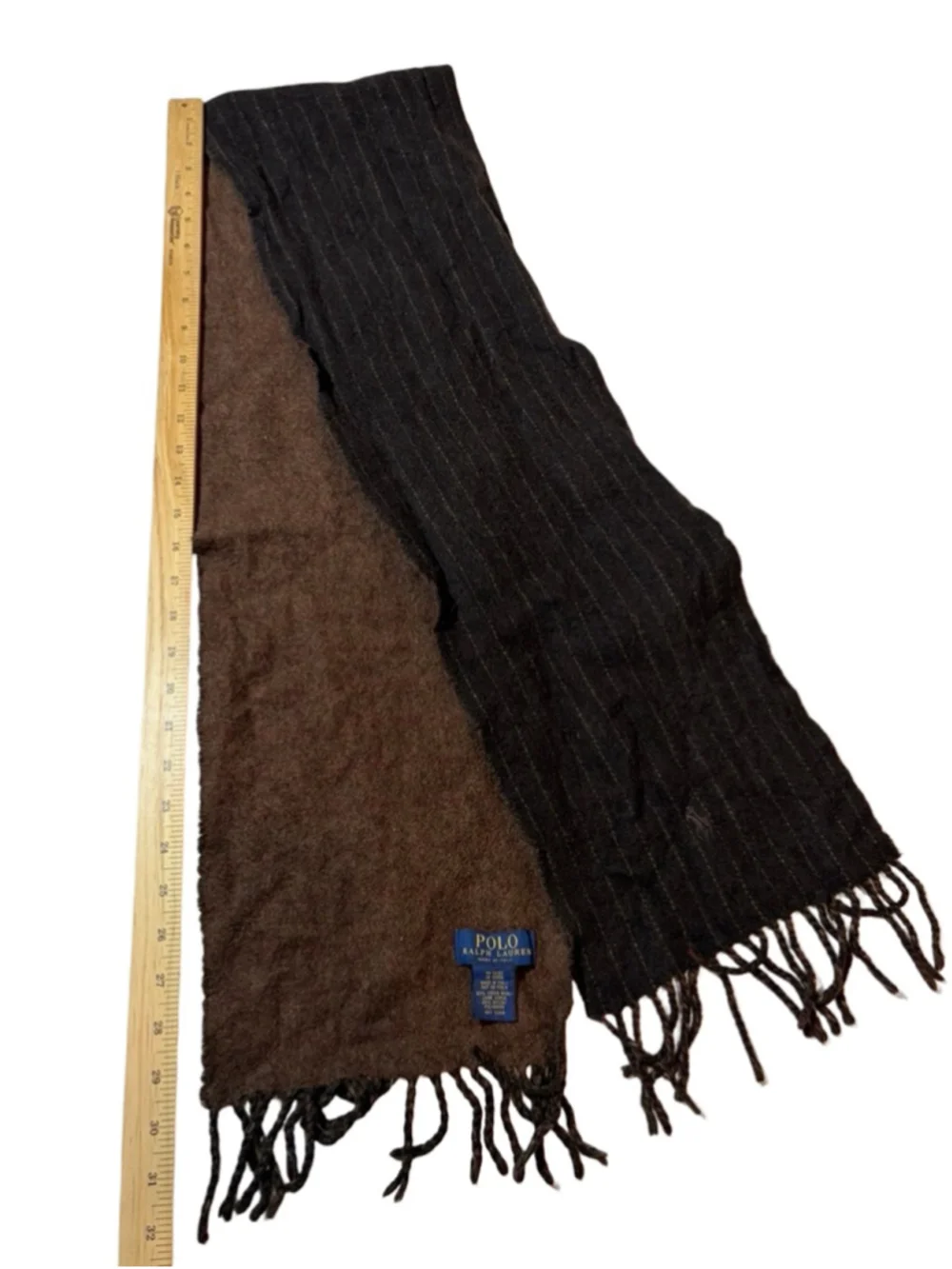 Polo Ralph Lauren Wool Scarf Reversible Brown Dark Brown Fringe Italy Classic